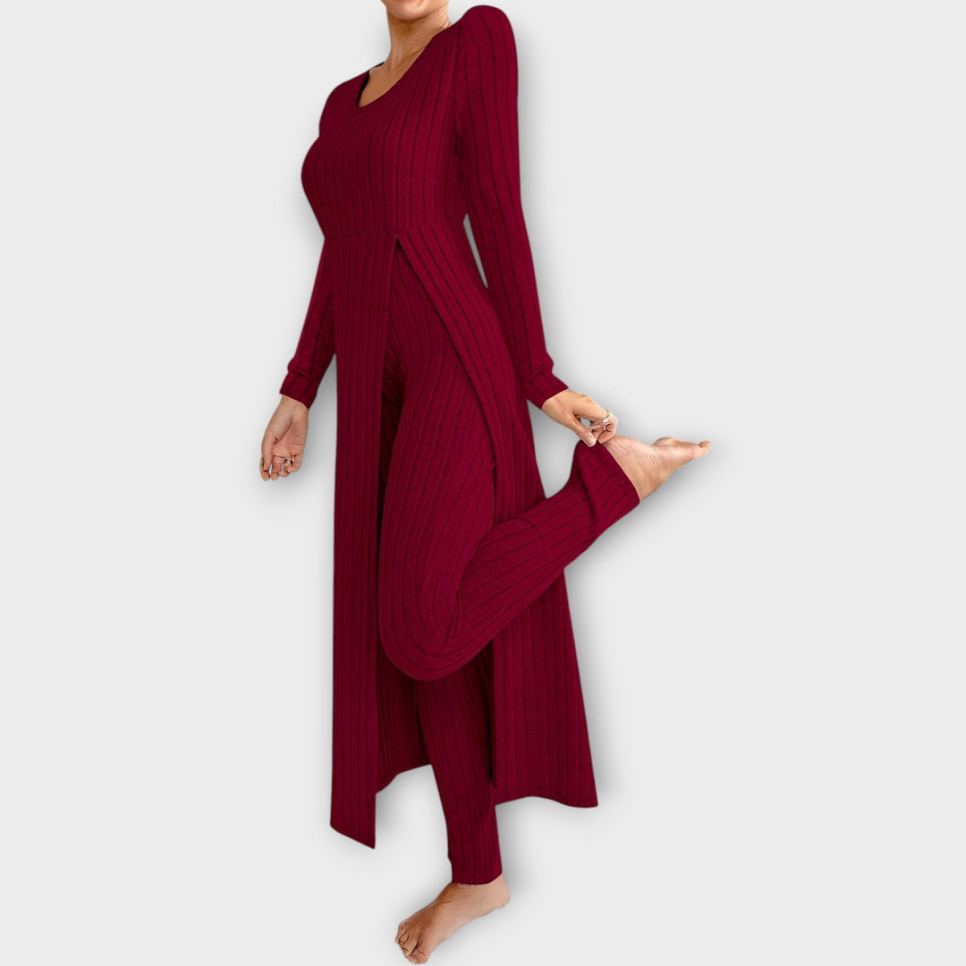 Velmira | Damen Rippenstrick-Set Longline Cardigan &amp; Hose - Light Grey - Image 10