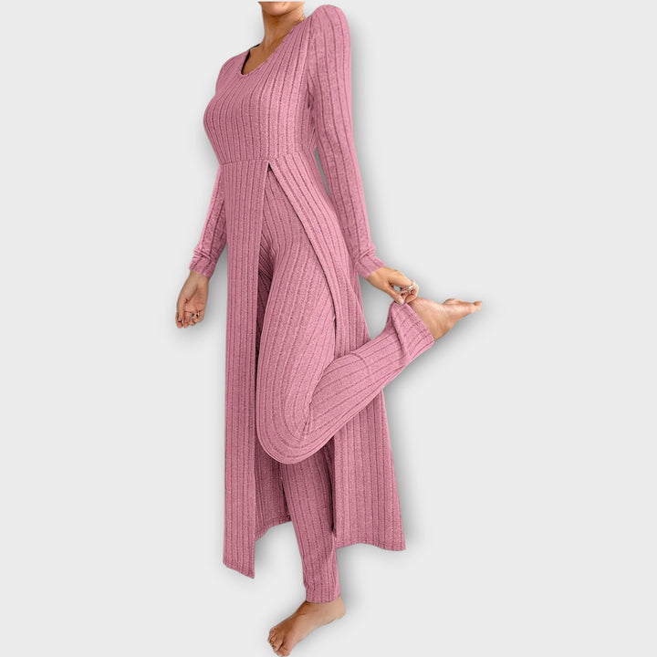 Velmira | Damen Rippenstrick-Set Longline Cardigan &amp; Hose - Light Grey - Image 12