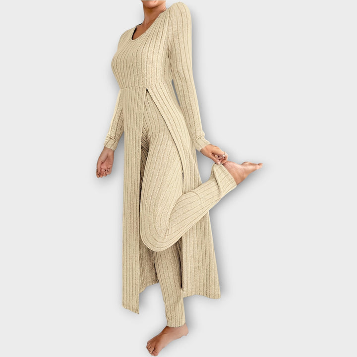 Velmira | Damen Rippenstrick-Set Longline Cardigan &amp; Hose - Light Grey - Image 13