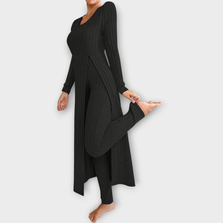 Velmira | Damen Rippenstrick-Set Longline Cardigan &amp; Hose - Light Grey - Image 2
