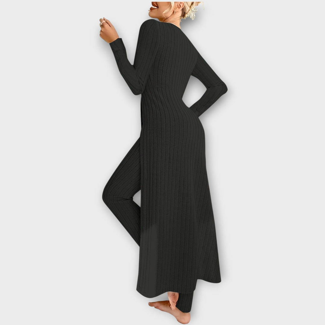 Velmira | Damen Rippenstrick-Set Longline Cardigan &amp; Hose - Light Grey - Image 3
