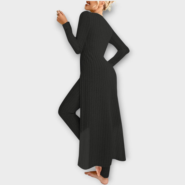 Velmira | Damen Rippenstrick-Set Longline Cardigan &amp; Hose - Light Grey - Image 3
