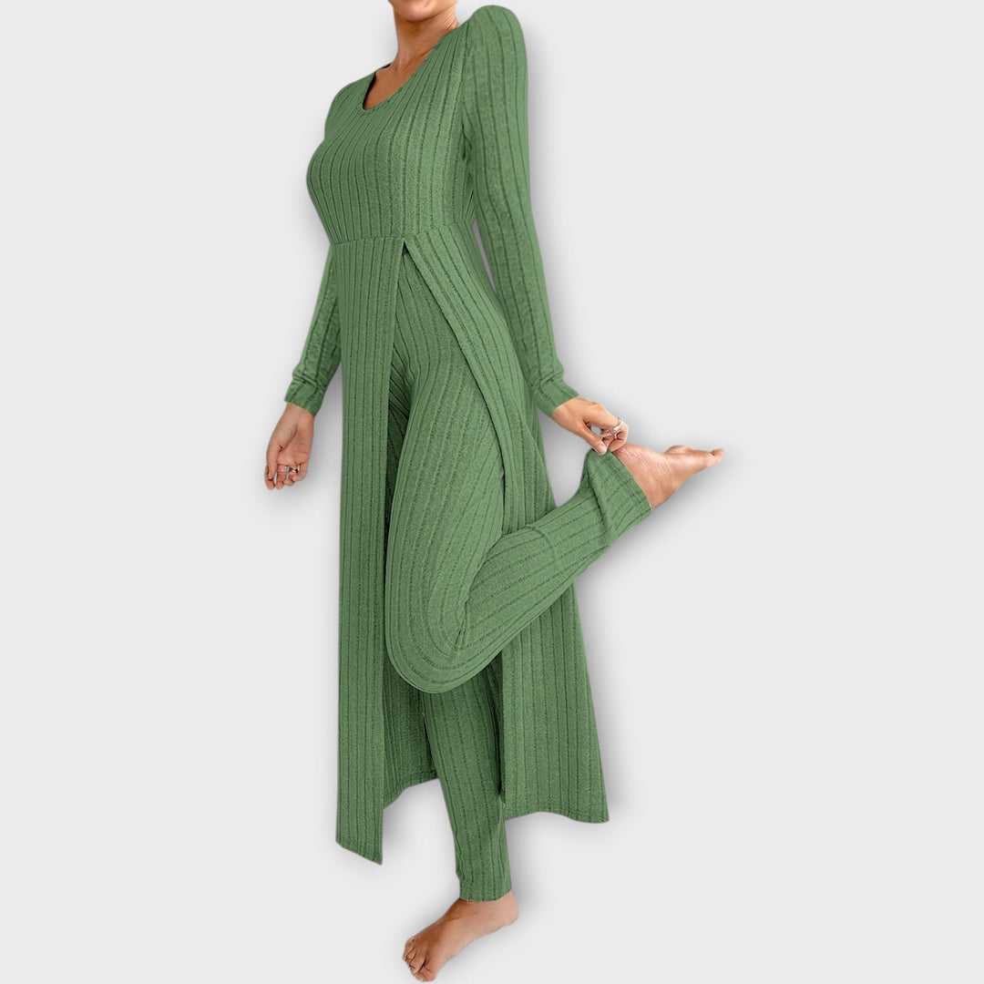 Velmira | Damen Rippenstrick-Set Longline Cardigan &amp; Hose - Light Grey - Image 4