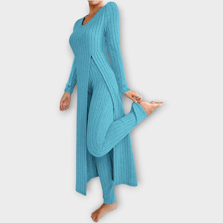 Velmira | Damen Rippenstrick-Set Longline Cardigan &amp; Hose - Light Grey - Image 5