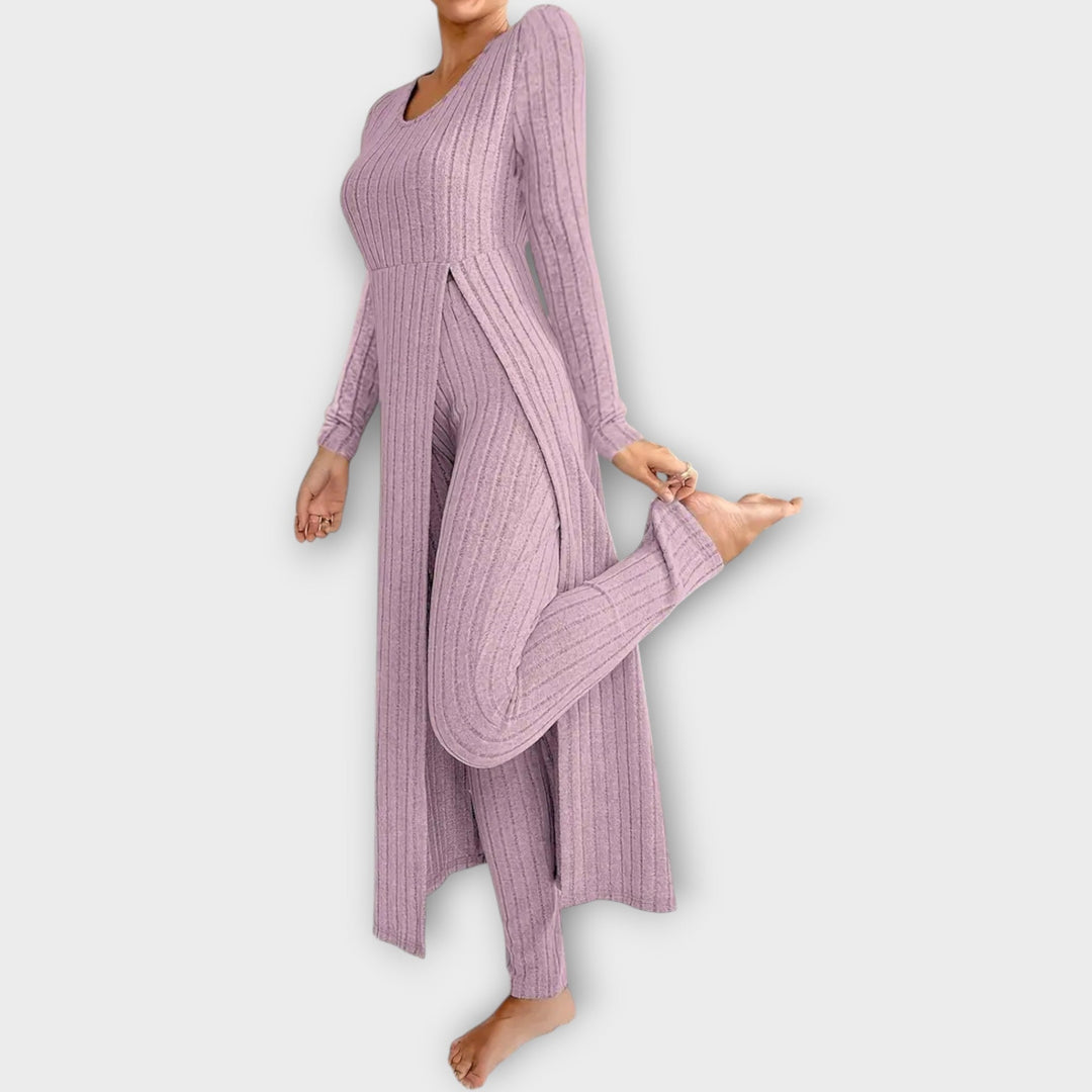 Velmira | Damen Rippenstrick-Set Longline Cardigan &amp; Hose - Light Grey - Image 6