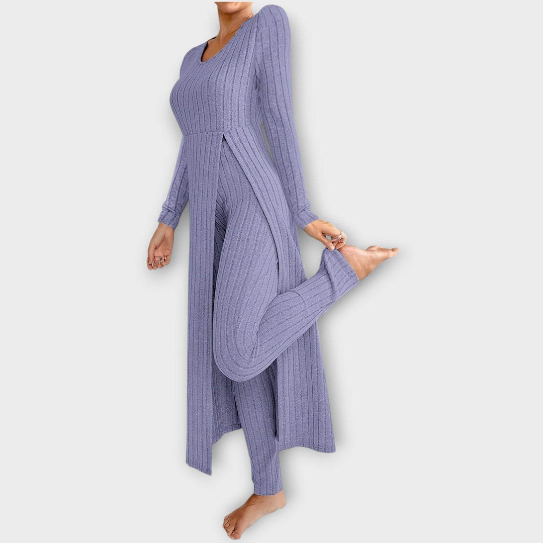 Velmira | Damen Rippenstrick-Set Longline Cardigan &amp; Hose - Light Grey - Image 7