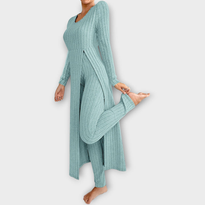 Velmira | Damen Rippenstrick-Set Longline Cardigan &amp; Hose - Light Grey - Image 8