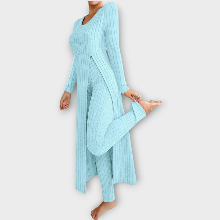 Velmira | Damen Rippenstrick-Set Longline Cardigan &amp; Hose - Light Grey - Image 9