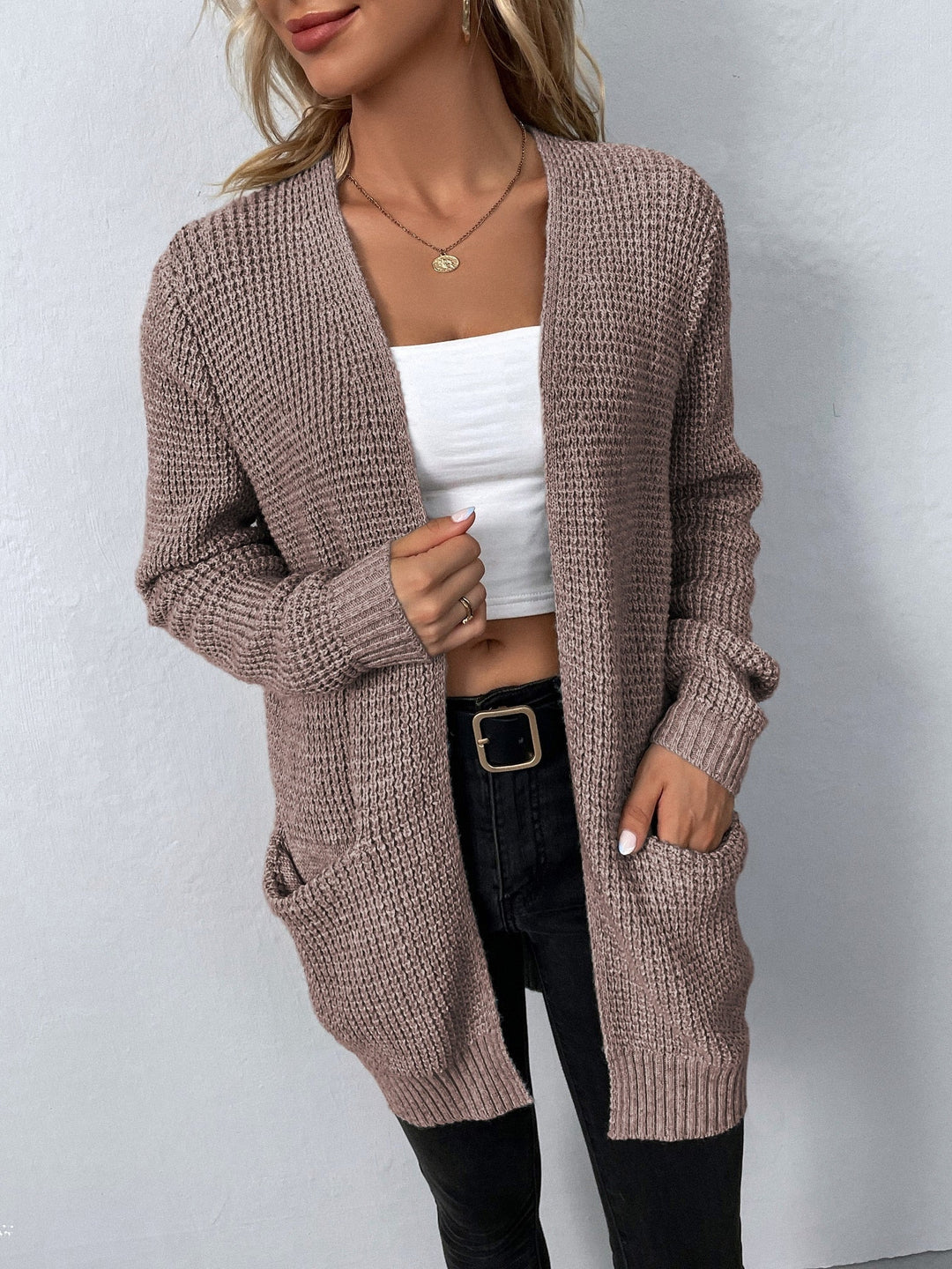Velmunde | Damen Strickjacke Offen Waffelstrick - Light Grey - Image 2