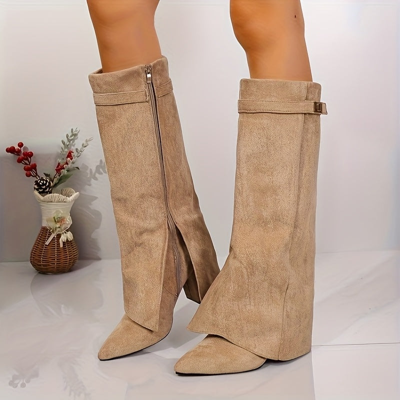Vordeka | Damen Kniehohe Stiefel Blockabsatz Wildleder-Optik - Beige - Image 2