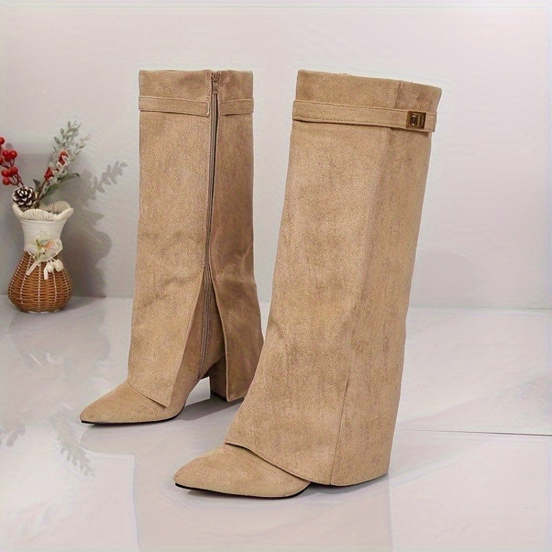 Vordeka | Damen Kniehohe Stiefel Blockabsatz Wildleder-Optik - Beige - Image 4