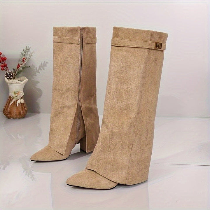 Vordeka | Damen Kniehohe Stiefel Blockabsatz Wildleder-Optik - Beige - Image 4