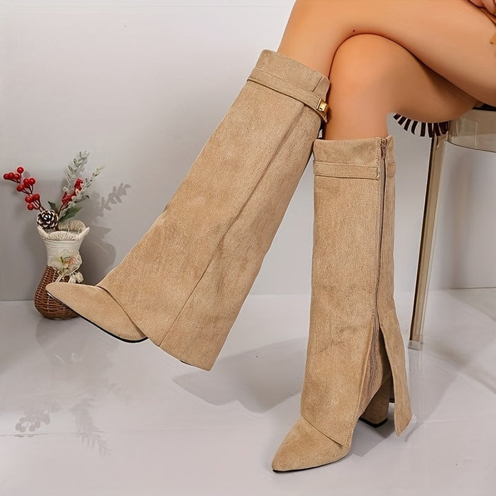 Vordeka | Damen Kniehohe Stiefel Blockabsatz Wildleder-Optik - Beige - Image 6