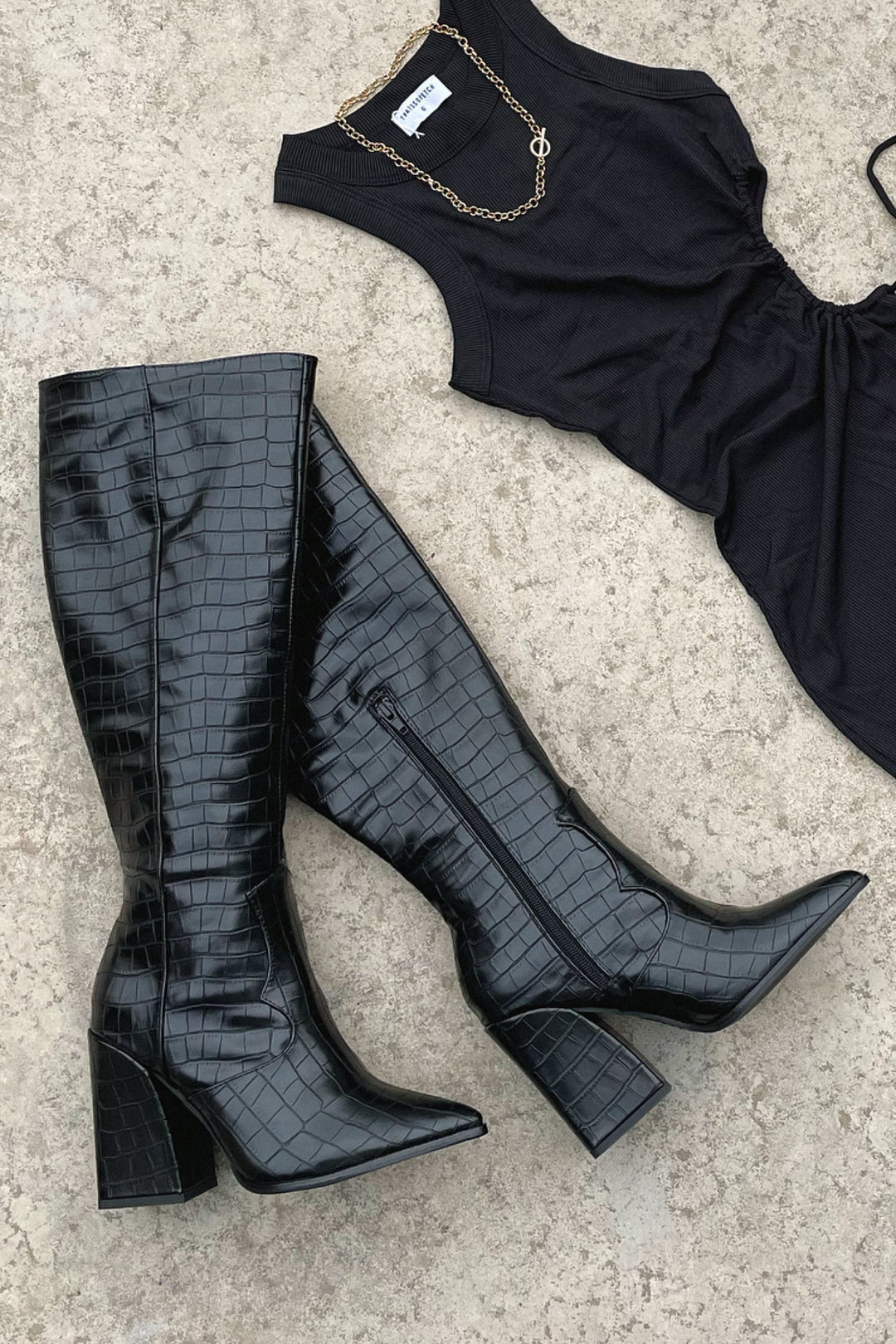 Vordelle | Damen Kniehohe Stiefel Krokodilprägung - Black - Image 10
