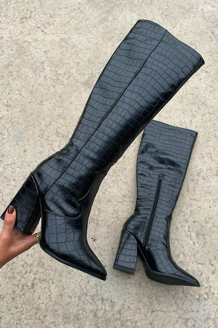 Vordelle | Damen Kniehohe Stiefel Krokodilprägung - Black - Image 11