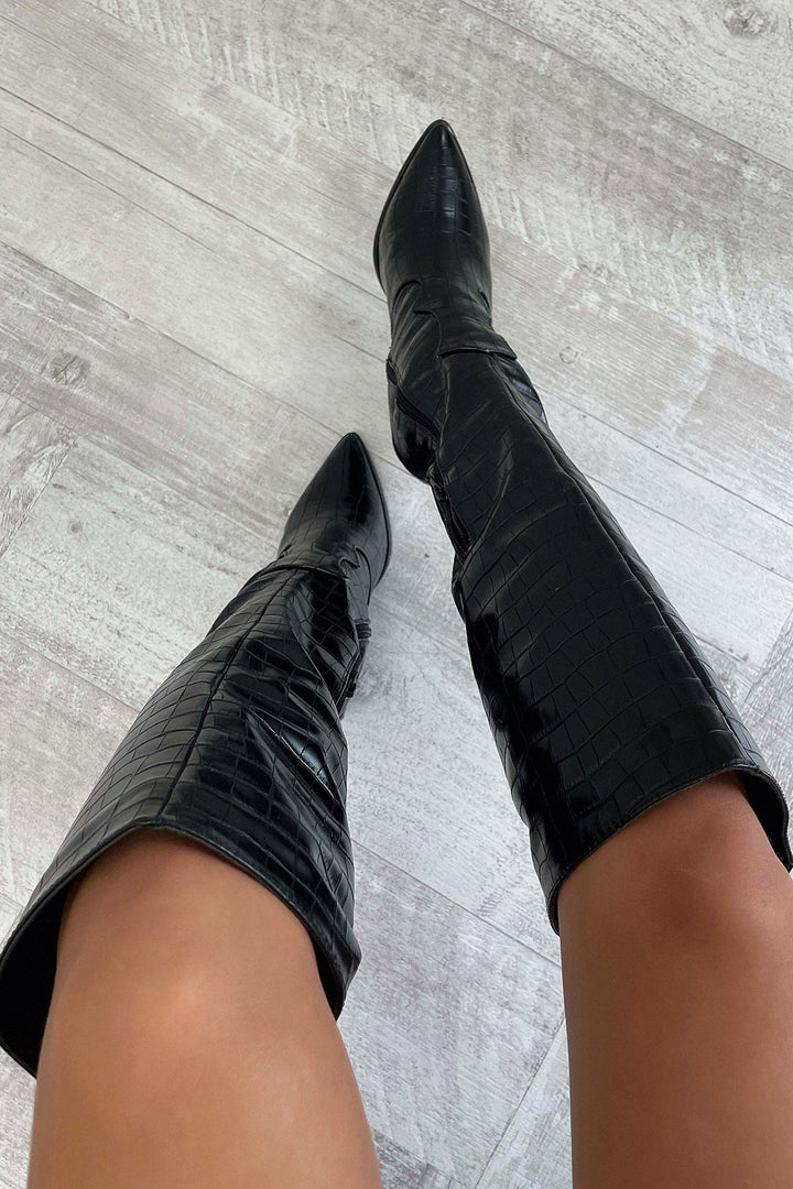 Vordelle | Damen Kniehohe Stiefel Krokodilprägung - Black - Image 4