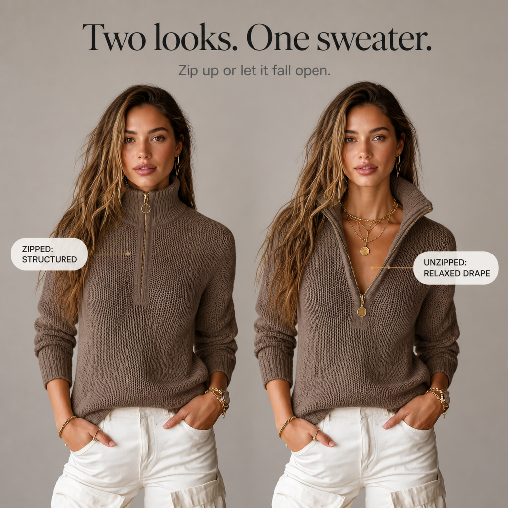 Vordula | Damen Strickpullover mit Reißverschluss - Taupe - Image 6