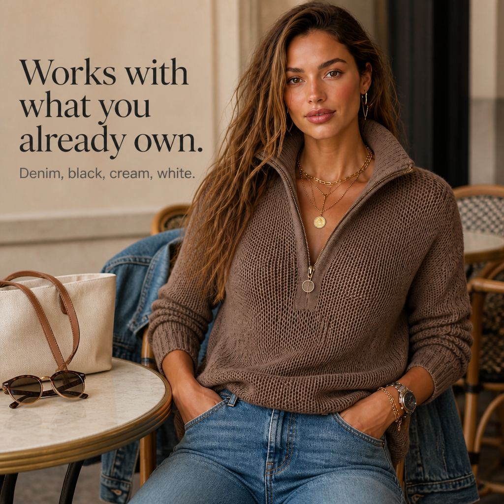 Vordula | Damen Strickpullover mit Reißverschluss - Taupe - Image 8