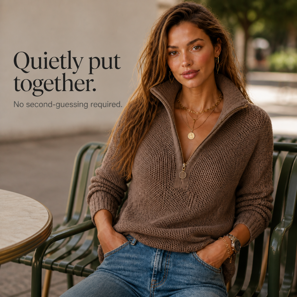 Vordula | Damen Strickpullover mit Reißverschluss - Taupe - Image 9