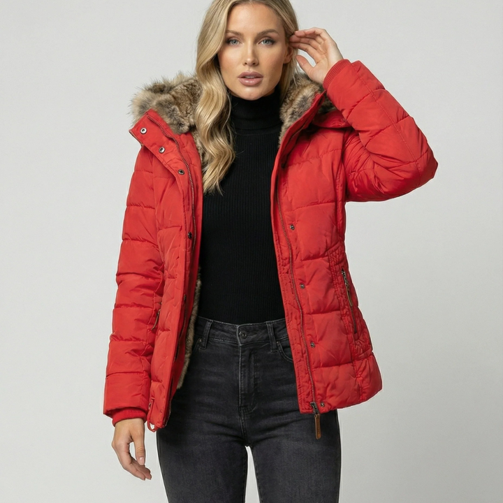 Welvara | Damen Winterjacke mit Kapuze Gefüttert - Red - Image 1