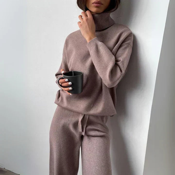 Wibra | Damen Strickset Rollkragen Pullover &amp; Weithose - Taupe - Image 1
