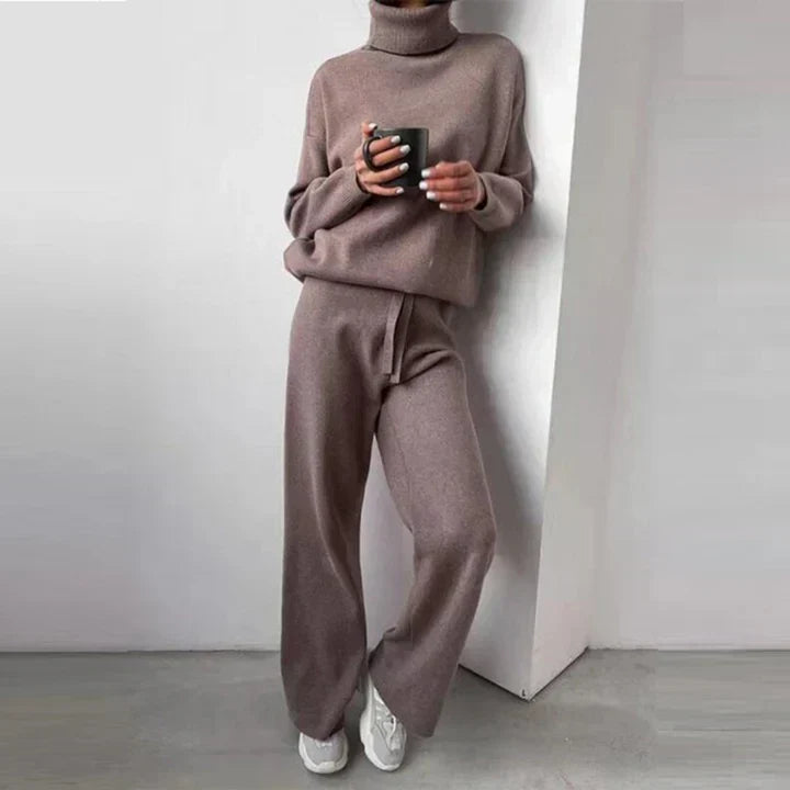 Wibra | Damen Strickset Rollkragen Pullover &amp; Weithose - Taupe - Image 2