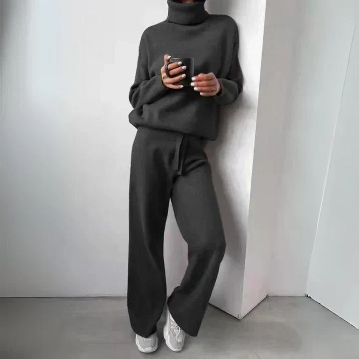 Wibra | Damen Strickset Rollkragen Pullover &amp; Weithose - Taupe - Image 3