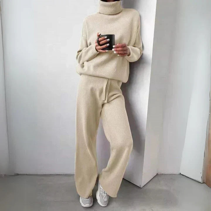 Wibra | Damen Strickset Rollkragen Pullover &amp; Weithose - Taupe - Image 4