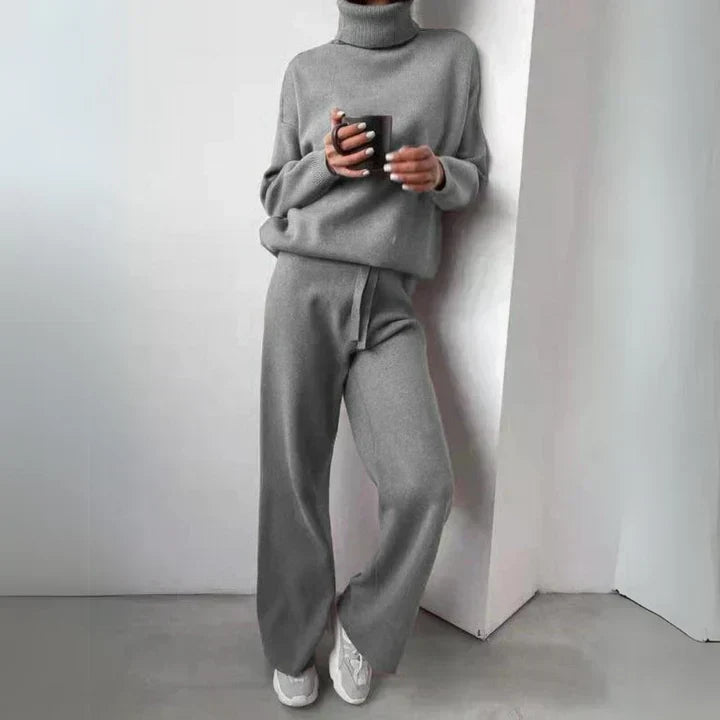 Wibra | Damen Strickset Rollkragen Pullover &amp; Weithose - Taupe - Image 5