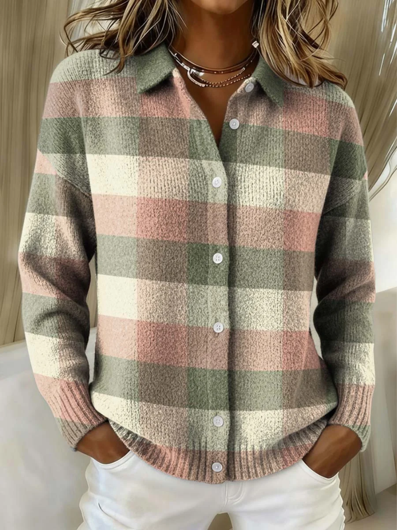 Wilvara | Damen Karierte Strickjacke mit Knöpfen - Image 1