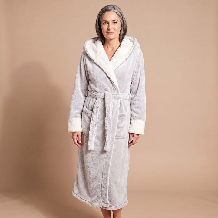 Wilveke | Damen Fleece-Bademantel mit Kapuze - Light Grey - Image 10