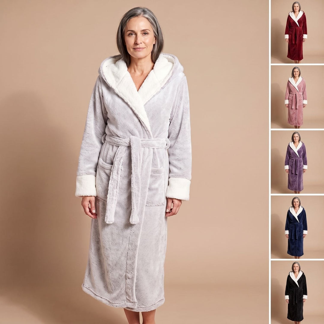 Wilveke | Damen Fleece-Bademantel mit Kapuze - Light Grey - Image 6