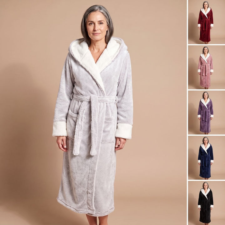 Wilveke | Damen Fleece-Bademantel mit Kapuze - Light Grey - Image 6