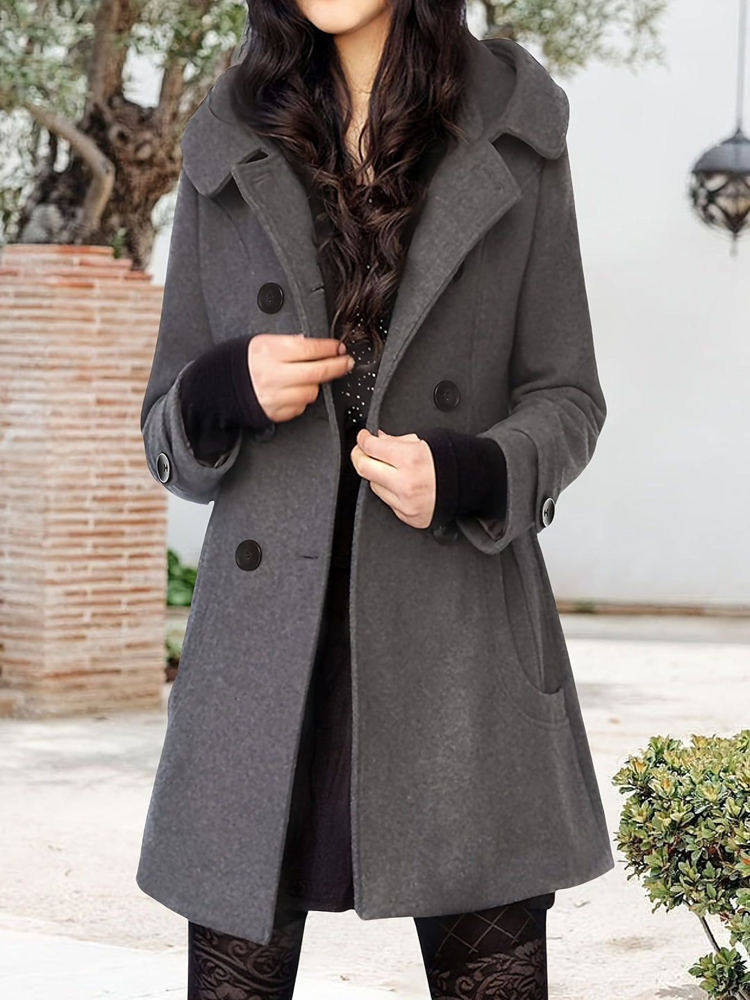 Wulfra | Damen Wintermantel Zweireihig mit Kapuze - Black - Image 8
