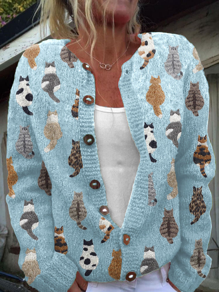 Wulftraud | Damen Strickjacke mit Katzenmuster - Beige - Image 3
