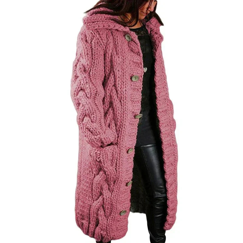 Wulvara | Damen Strickmantel Winterjacke mit Kapuze - Pink - Image 1