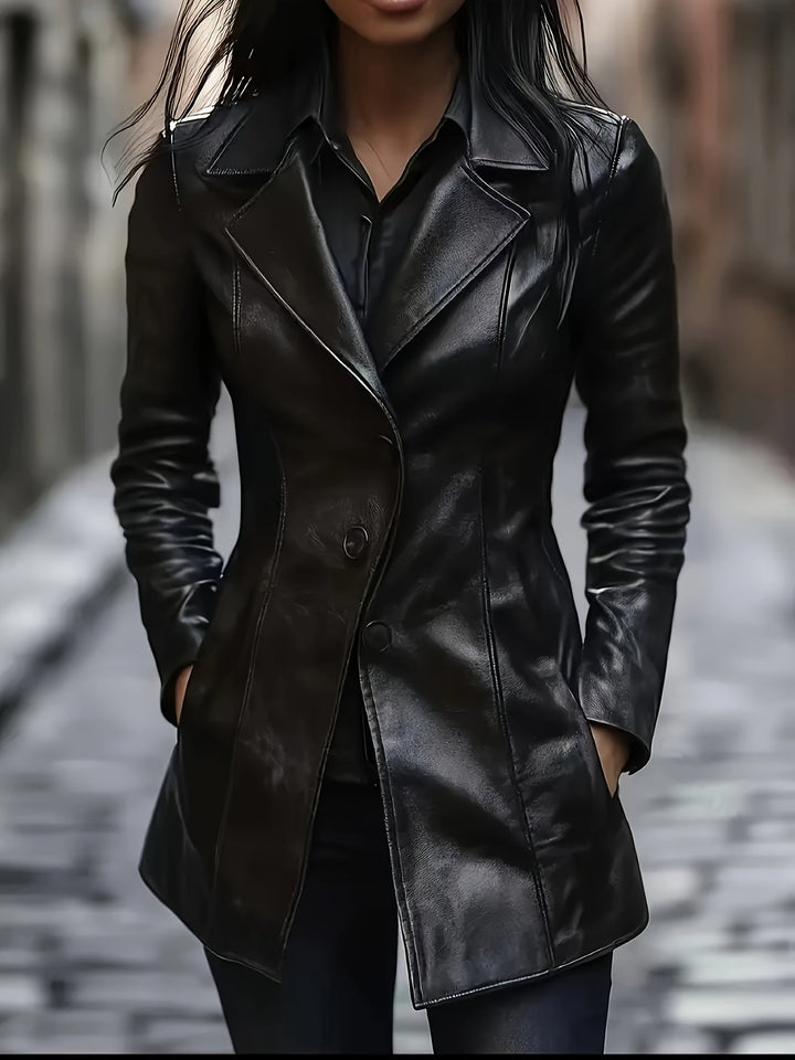 Zephyra | Damen Leder-Wintermantel Slim Fit Midi - Black - Image 2