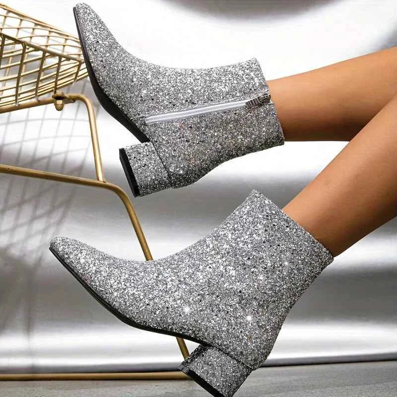 Zolvaine | Damen Glitzer Stiefeletten Blockabsatz - Image 2