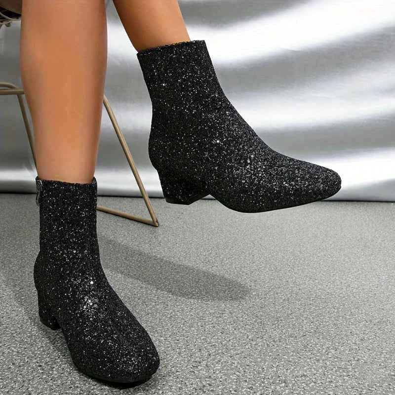 Zolvaine | Damen Glitzer Stiefeletten Blockabsatz - Image 5