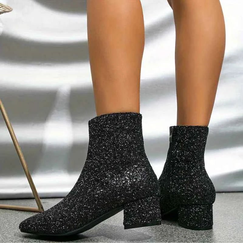 Zolvaine | Damen Glitzer Stiefeletten Blockabsatz - Image 6
