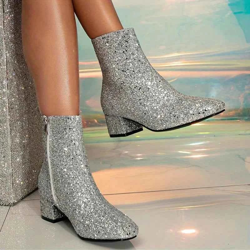 Zolvaine | Damen Glitzer Stiefeletten Blockabsatz - Image 9